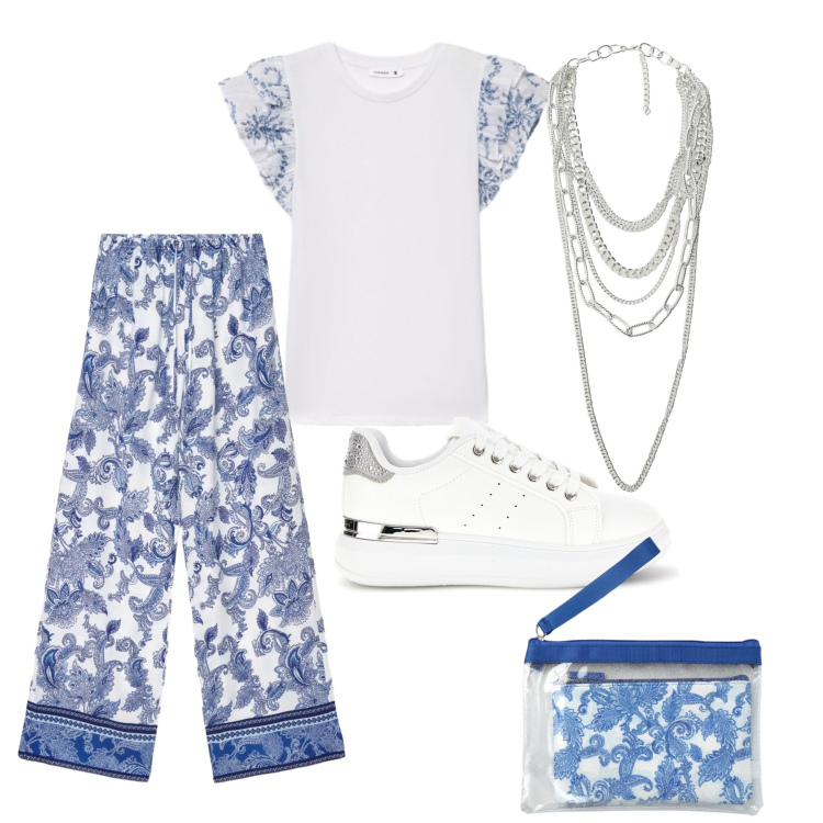 Outfit donna - Mediterraneo Chic. Stile Chic per Mare. Abbinamento con t-shirt, pantaloni, pochette, collane, sneakers.