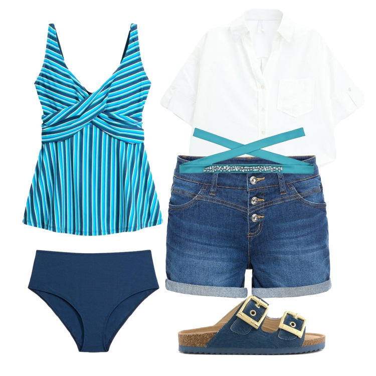 Outfit donna - Aperitivo informale. Stile Casual per Mare. Abbinamento con costumi interi, shorts, cinture, camicie a manica corta, sandali in pelle.