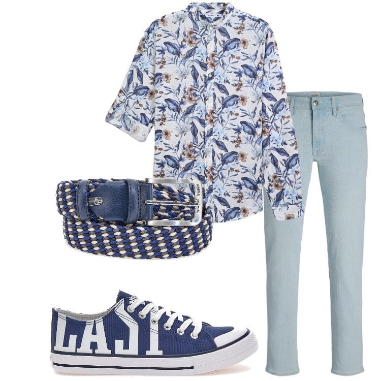 Outfit uomo - Camicia a fantasia. Stile Trendy per Tutti i giorni. Abbinamento con jeans slim fit, camicie, cinture, sneakers.