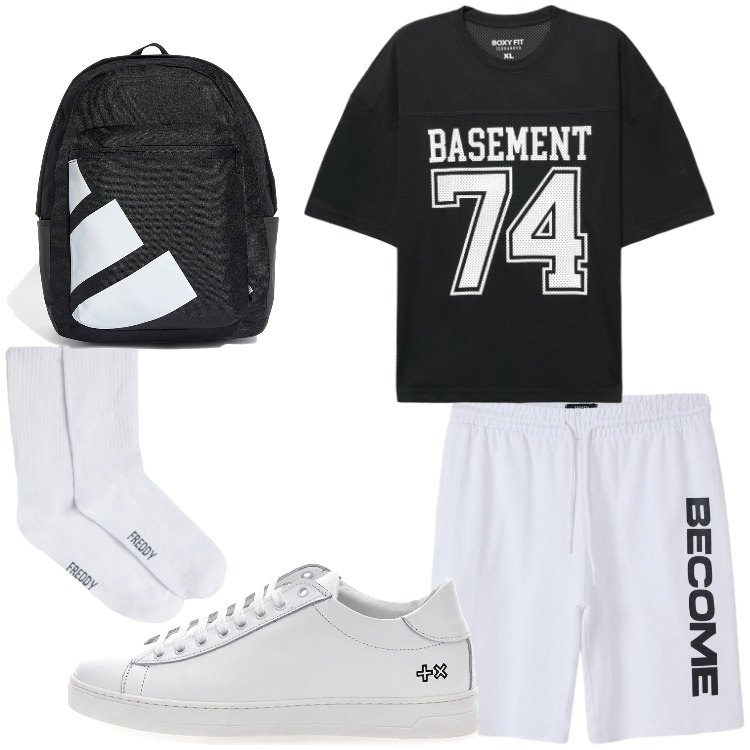 Outfit uomo - Sport a giugno. Stile Casual per Sport. Abbinamento con bermuda, t-shirt sportive, calzini, borse sportive, sneakers.