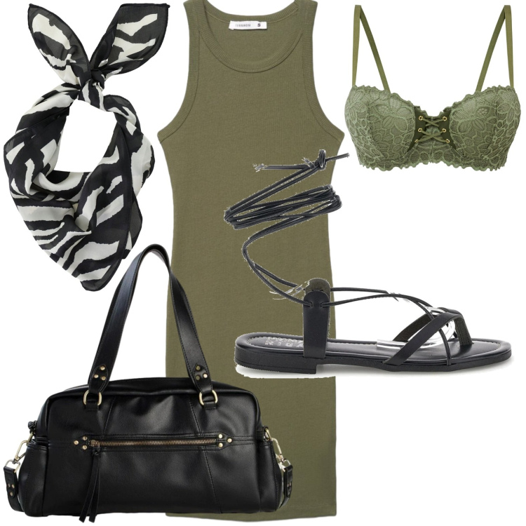 Outfit donna - Tubino raffinato. Stile Glamour per Tutti i giorni. Abbinamento con reggiseni a balconcino, borse a mano, vestiti midi/longuette, foulard, sandali alla schiava.