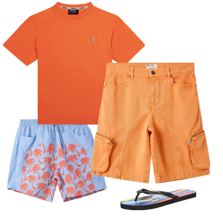 Outfit uomo - Summer Relax. Stile Trendy per Mare. Abbinamento con sandali, pantaloni corti, costumi, t-shirt.