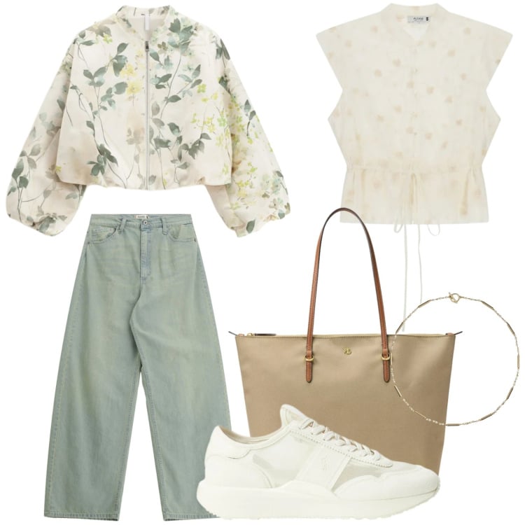 Outfit donna - Fantasia floreale. Stile Glamour per Scuola/Università. Abbinamento con bomber, jeans, top, sneakers, borse tote, collane.
