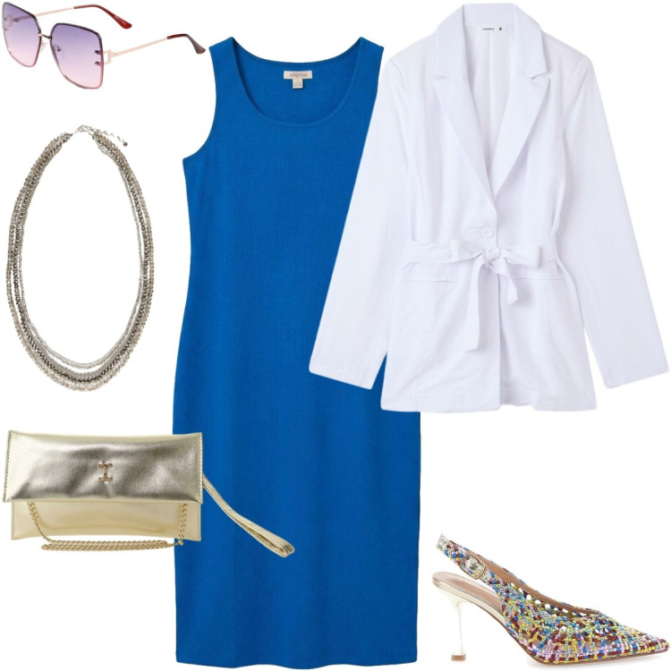 Outfit donna - Tubino blu. Stile Bon Ton per Cerimonia. Abbinamento con vestiti, occhiali da sole, blazer, borse a tracolla, collane, décolleté.