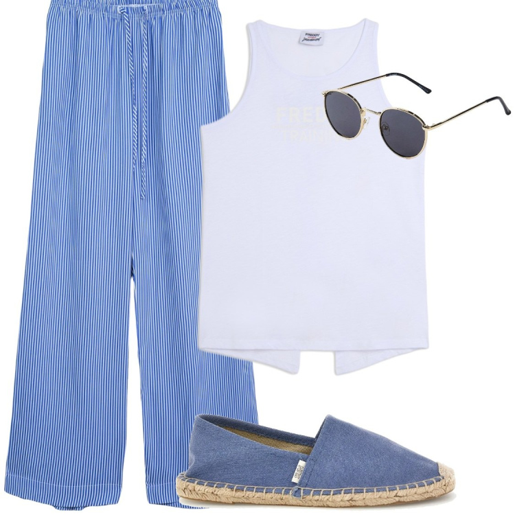 Outfit donna - Sotto il cielo di giugno. Stile Casual per Tutti i giorni. Abbinamento con occhiali da sole, pantaloni, canottiere, espadrillas.