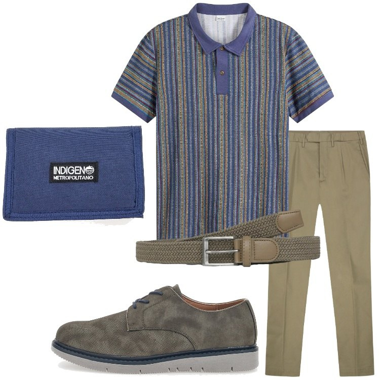 Outfit uomo - Polo in ufficio. Stile Casual per Ufficio. Abbinamento con polo, cinture, pantaloni, scarpe stringate, portafogli.
