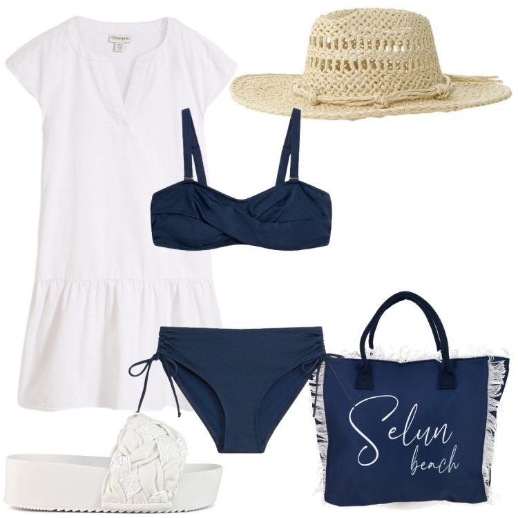 Outfit donna - Primi giorni di mare. Stile Chic per Mare. Abbinamento con bikini, vestiti, cappelli, shopping bag, ciabatte.