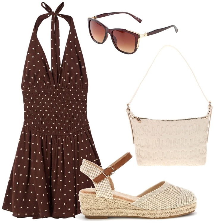 Outfit donna - Giorni estivi, amiche e relax. Stile Chic per Tutti i giorni. Abbinamento con occhiali da sole, vestiti corti, zeppe, borse a spalla.