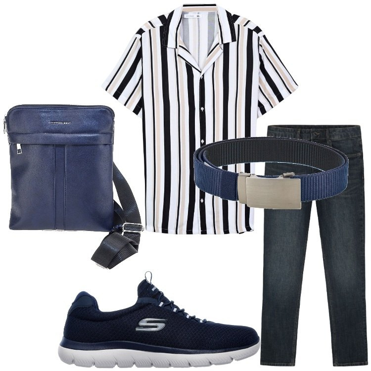 Outfit uomo - In città. Stile Casual per Tutti i giorni. Abbinamento con camicie a manica corta, jeans, cinture, borse sportive, sneakers.