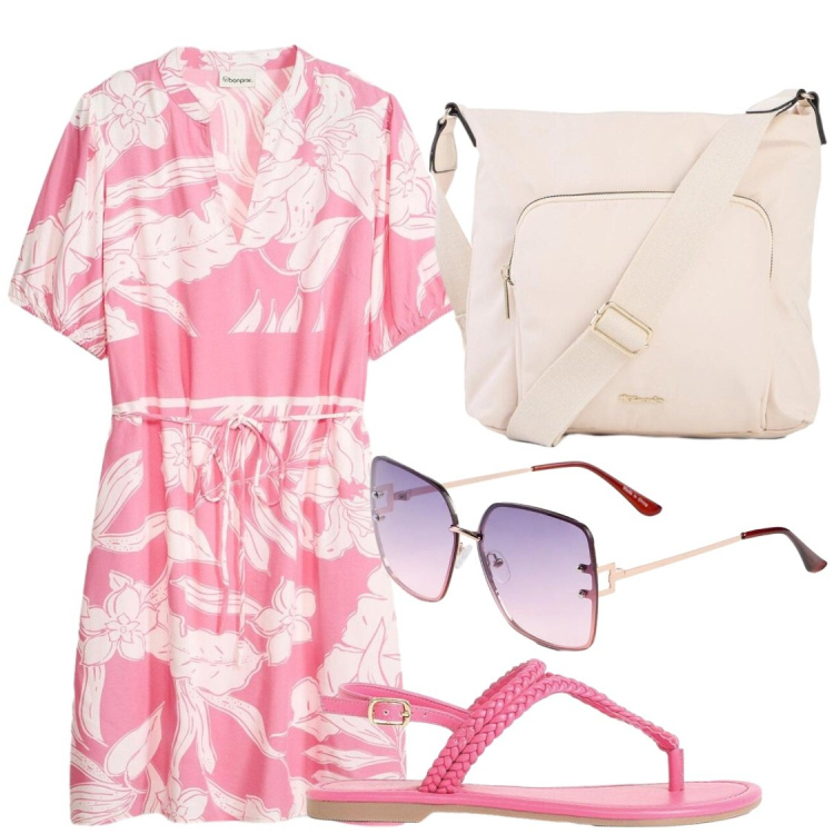 Outfit donna - Quotidianità edtiva. Stile Chic per Tutti i giorni. Abbinamento con vestiti, occhiali da sole, borse a tracolla, sandali.