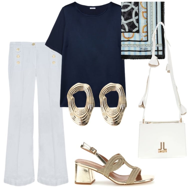 Outfit donna - Marinara chic. Stile Casual chic per Tutti i giorni. Abbinamento con t-shirt, jeans, foulard, orecchini, sandali col tacco, borse a tracolla.