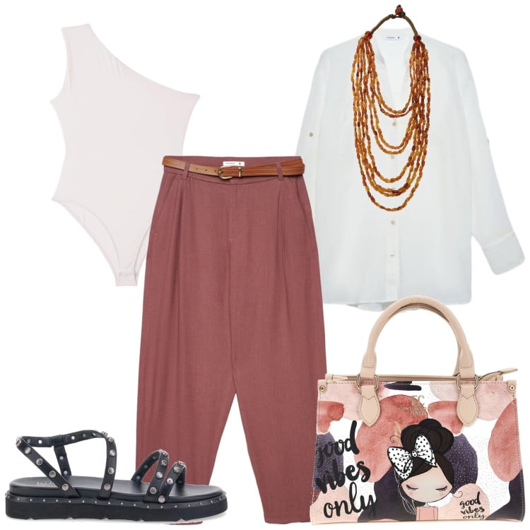 Outfit donna - Total look #2413825. Stile Casual chic per Tutti i giorni. Abbinamento con pantaloni chino, camicie, body, collane, sandali, borse a mano.