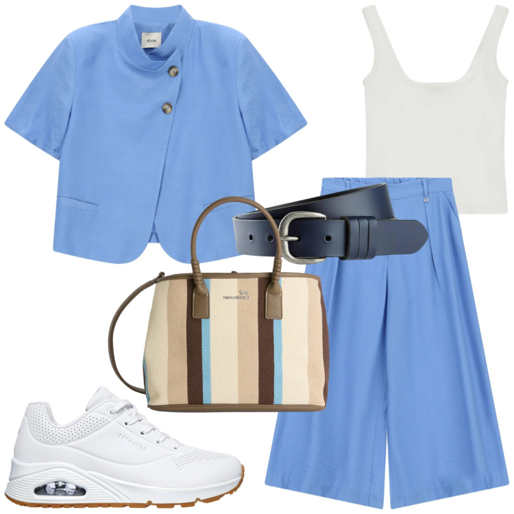 Outfit donna - Total look #2413828. Stile Glamour per Tutti i giorni. Abbinamento con cinture, shopping bag, top, pantaloni a palazzo, blazer, sneakers.