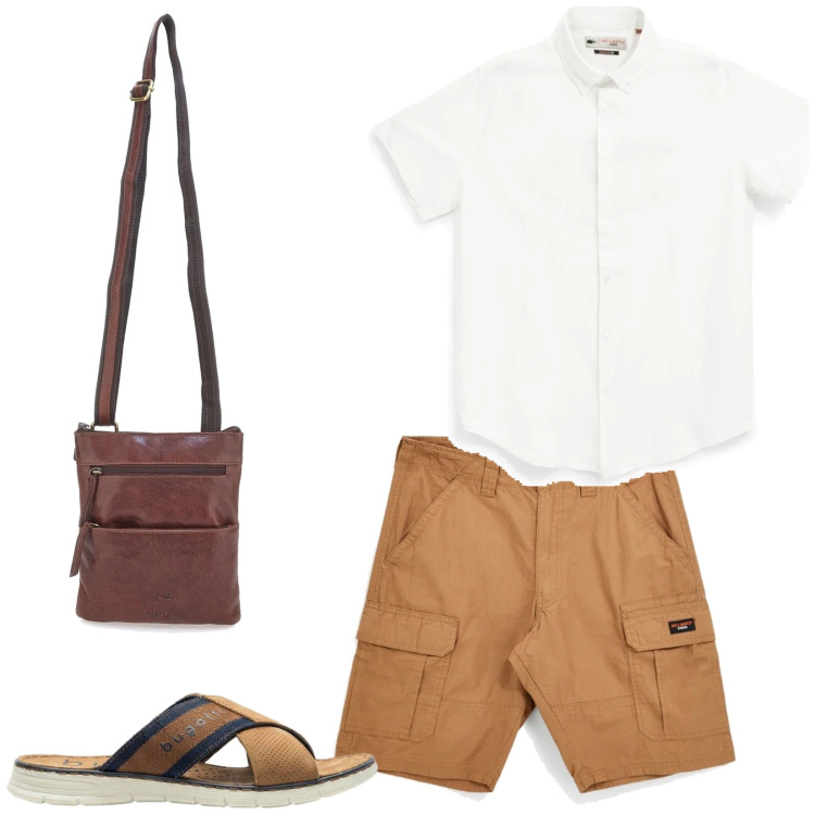 Outfit uomo - Aria di vacanza. Stile Trendy per Tutti i giorni. Abbinamento con sandali, portafogli, camicie a manica corta, bermuda.