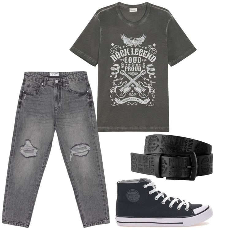 Outfit uomo - Rock legend. Stile Biker Rock per Tutti i giorni. Abbinamento con cinture, t-shirt, jeans strappati, sneakers.