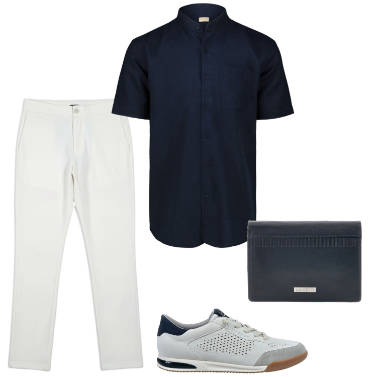 Outfit uomo - Ristorante in spiaggia. Stile Trendy per Serata speciale. Abbinamento con camicie a manica corta, pantaloni, sneakers, portafogli.