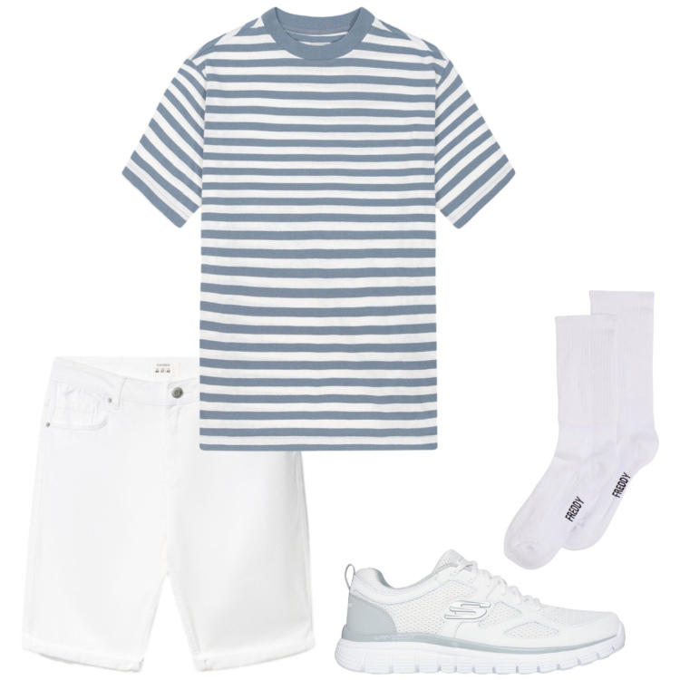 Outfit uomo - Teens. Stile Casual per Tutti i giorni. Abbinamento con bermuda, calzini, t-shirt, sneakers.