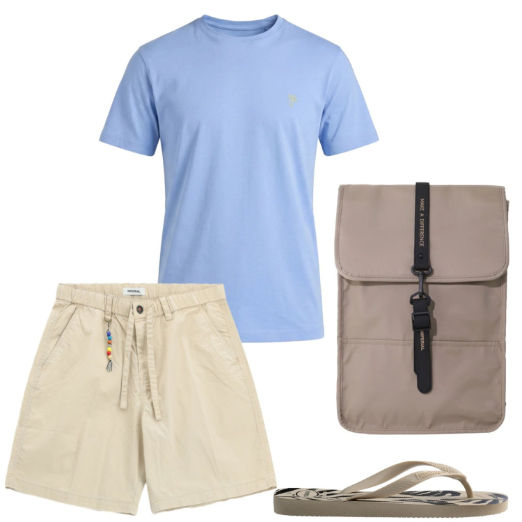 Outfit uomo - Fresco e dinamico. Stile Casual per Sport. Abbinamento con borse sportive, bermuda, t-shirt, sandali.