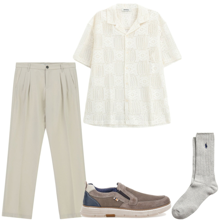 Outfit uomo - Serata io e lei. Stile Trendy per Serata speciale. Abbinamento con pantaloni, camicie a manica corta, calzini, scarpe stringate.