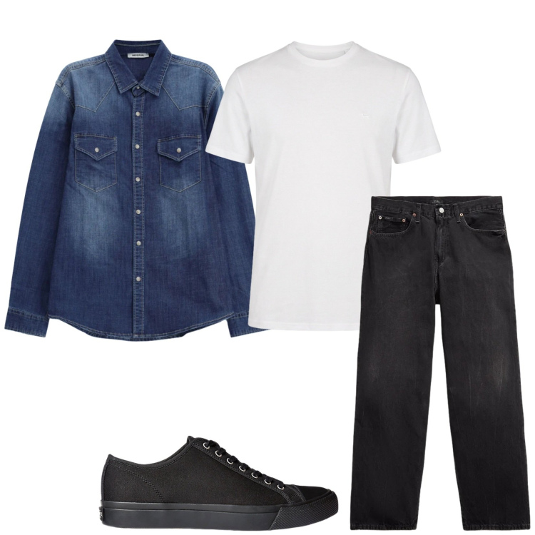 Outfit uomo - Serate fresche. Stile Casual per Tutti i giorni. Abbinamento con camicie, t-shirt, sneakers, jeans.