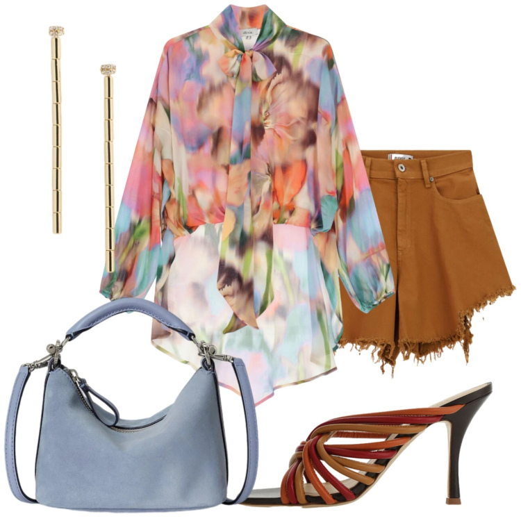 Outfit donna - Fiori e grinta. Stile Glamour per Serata fuori. Abbinamento con shorts, sandali, bluse, borse a spalla, orecchini.