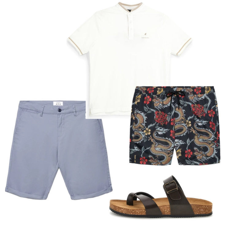 Outfit uomo - Mare. Stile Casual per Mare. Abbinamento con shorts, costumi, polo, sandali.