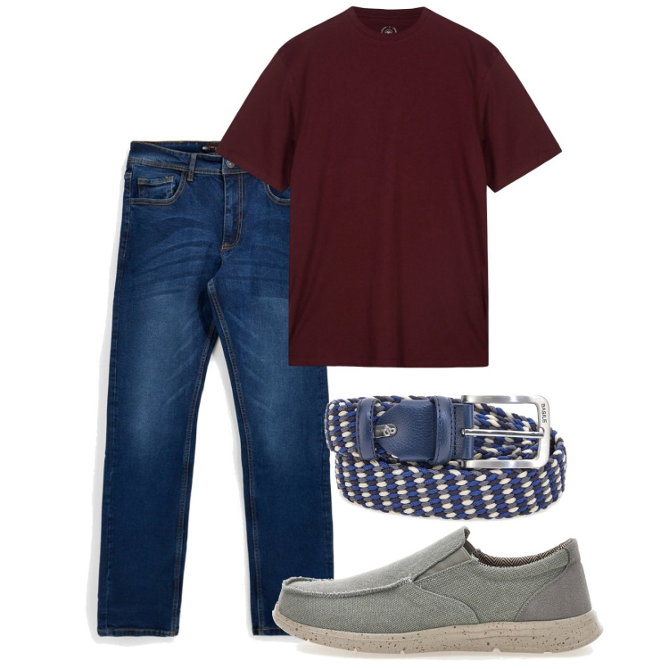 Outfit uomo - Giugno. Stile Casual per Tutti i giorni. Abbinamento con t-shirt, jeans, cinture, scarpe stringate.