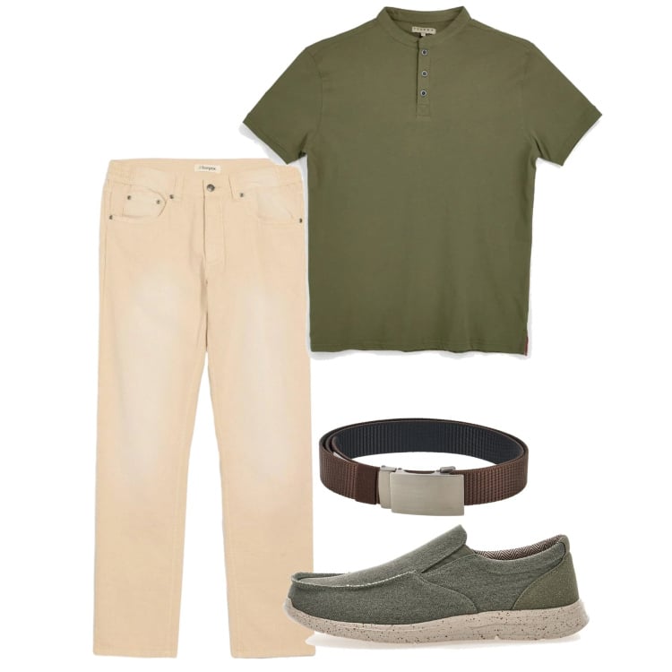 Outfit uomo - Giugno. Stile Casual per Tutti i giorni. Abbinamento con jeans dritti, t-shirt, cinture, scarpe stringate.
