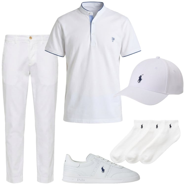 Outfit uomo - A white Summer. Stile Casual per Tutti i giorni. Abbinamento con pantaloni chino, polo, cappelli, calzini, sneakers.