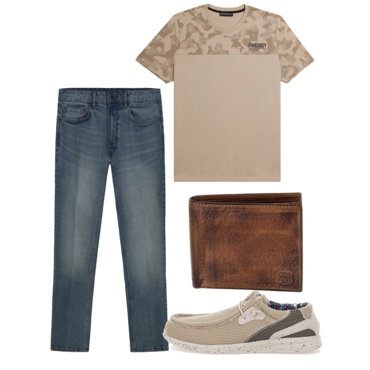 Outfit uomo - Giugno. Stile Casual per Tutti i giorni. Abbinamento con t-shirt, jeans, scarpe stringate, portafogli.