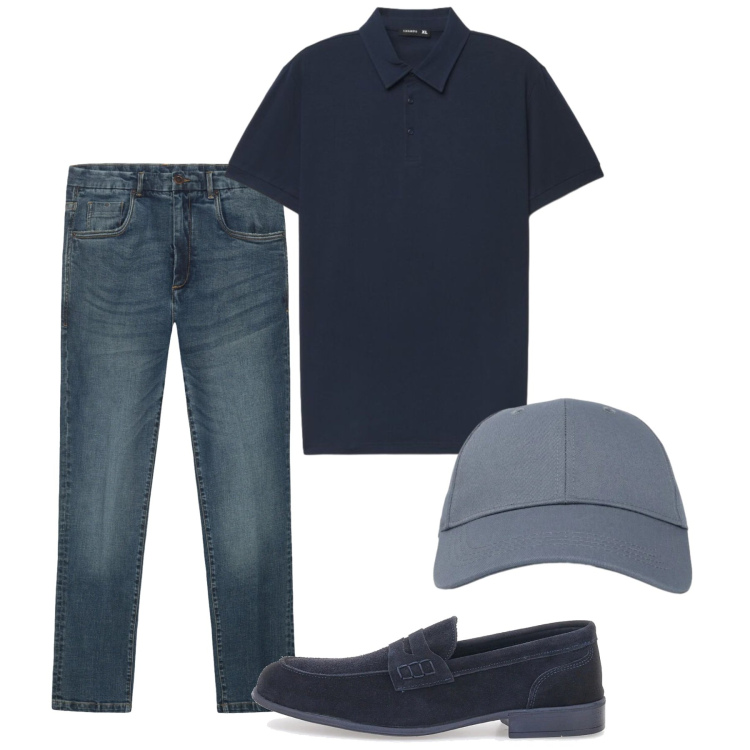 Outfit uomo - Giugno. Stile Casual per Tutti i giorni. Abbinamento con cappelli con visiera, polo, jeans, scarpe stringate.