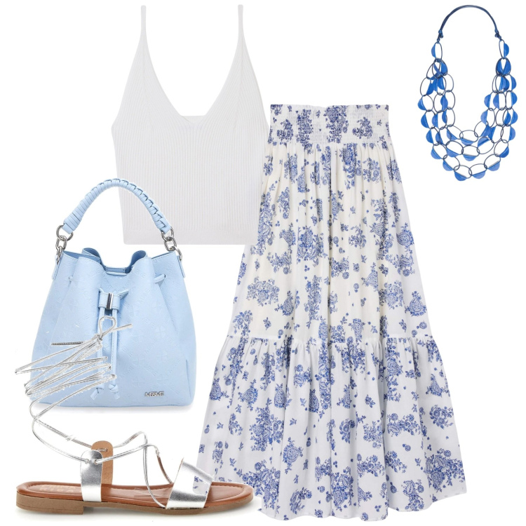 Outfit donna - Giugno. Stile Boho per Tutti i giorni. Abbinamento con gonne lunghe, top, collane, sandali col tacco, sandali alla schiava.