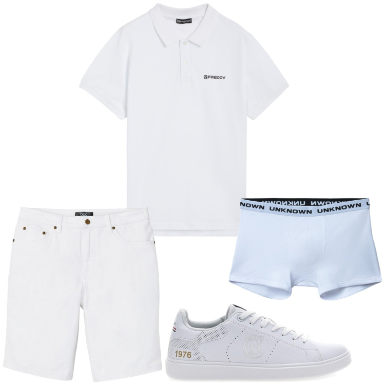 Outfit uomo - Dress code Total white. Stile Casual per Tutti i giorni. Abbinamento con bermuda, boxer, polo, sneakers.