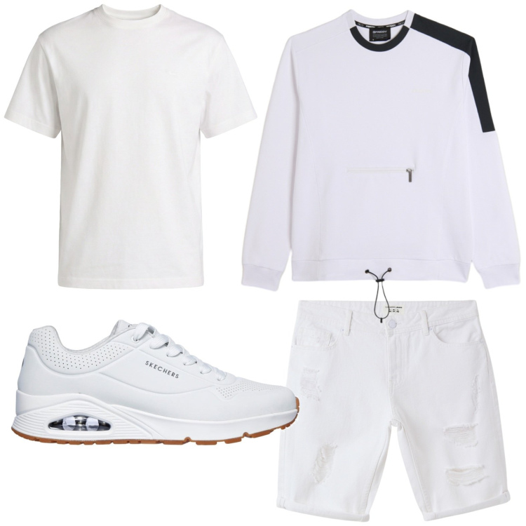Outfit uomo - Bianco estivo. Stile Casual per Tutti i giorni. Abbinamento con bermuda, t-shirt, felpe, sneakers.