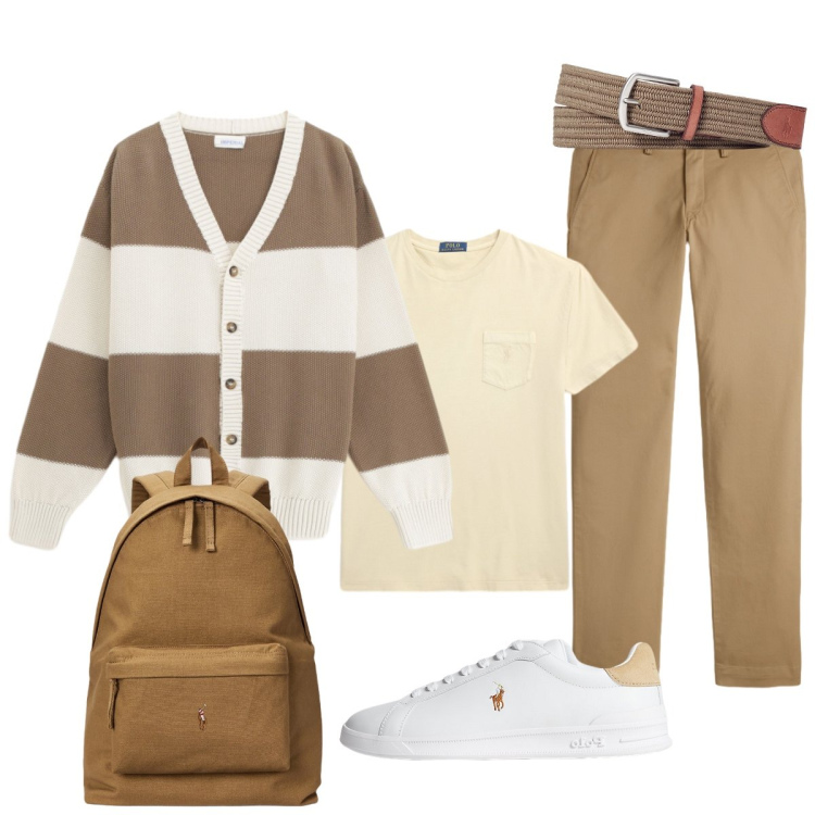 Outfit uomo - Di corsa in ufficio. Stile Trendy per Ufficio. Abbinamento con cardigans, cinture, sneakers, pantaloni chino, borse sportive, t-shirt.