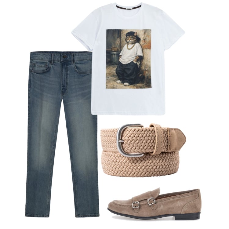 Outfit uomo - Giugno. Stile Casual per Tutti i giorni. Abbinamento con t-shirt, cinture, jeans, scarpe stringate.