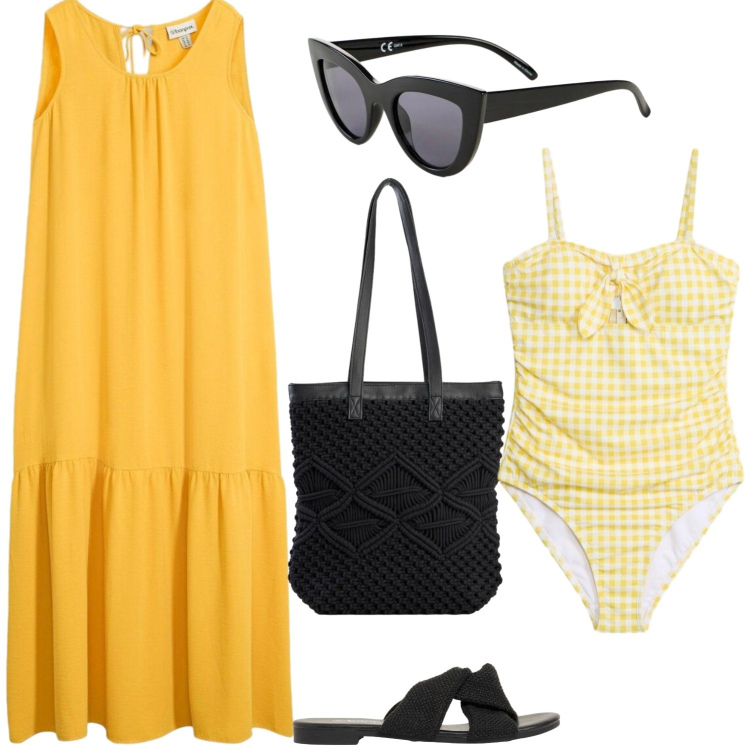Outfit donna - I colori dell\' estate. Stile Boho per Mare. Abbinamento con vestiti lunghi, costumi interi, shopping bag, occhiali da sole, sandali.