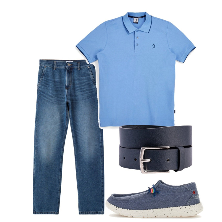 Outfit uomo - Giugno. Stile Casual per Tutti i giorni. Abbinamento con jeans dritti, cinture, scarpe stringate, polo.
