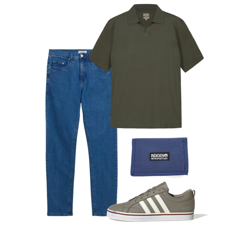 Outfit uomo - Giugno. Stile Casual per Tutti i giorni. Abbinamento con jeans, polo, portafogli, sneakers.