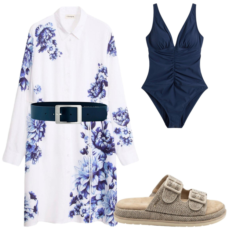 Outfit donna - Fiori blu. Stile Casual chic per Mare. Abbinamento con vestiti, cinture, costumi interi, ciabatte.