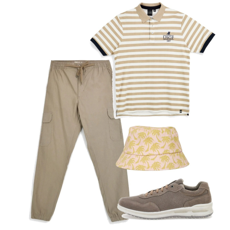 Outfit uomo - Giugno weekend. Stile Casual per Tutti i giorni. Abbinamento con cappelli con visiera, sneakers, pantaloni cargo, polo.