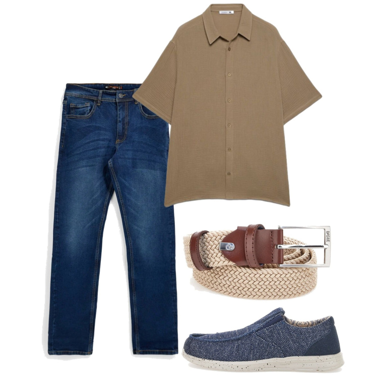 Outfit uomo - Giugno. Stile Casual per Tutti i giorni. Abbinamento con camicie a manica corta, scarpe stringate, cinture, jeans.