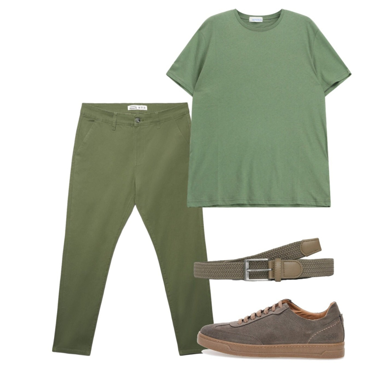 Outfit uomo - Giugno green. Stile Casual per Tutti i giorni. Abbinamento con cinture, pantaloni chino, t-shirt, sneakers.