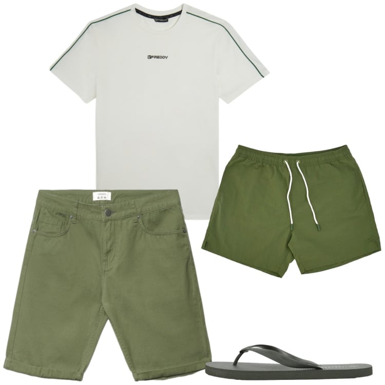 Outfit uomo - Verde in spiaggia. Stile Casual per Mare. Abbinamento con bermuda, sandali, t-shirt, costumi.