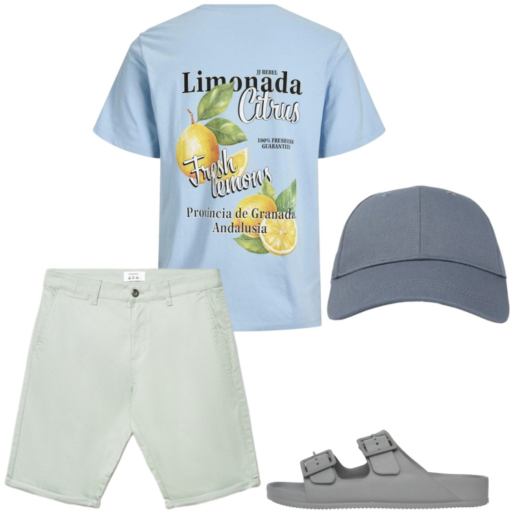Outfit uomo - España. Stile Casual per Tutti i giorni. Abbinamento con t-shirt, cappelli con visiera, shorts, sandali.