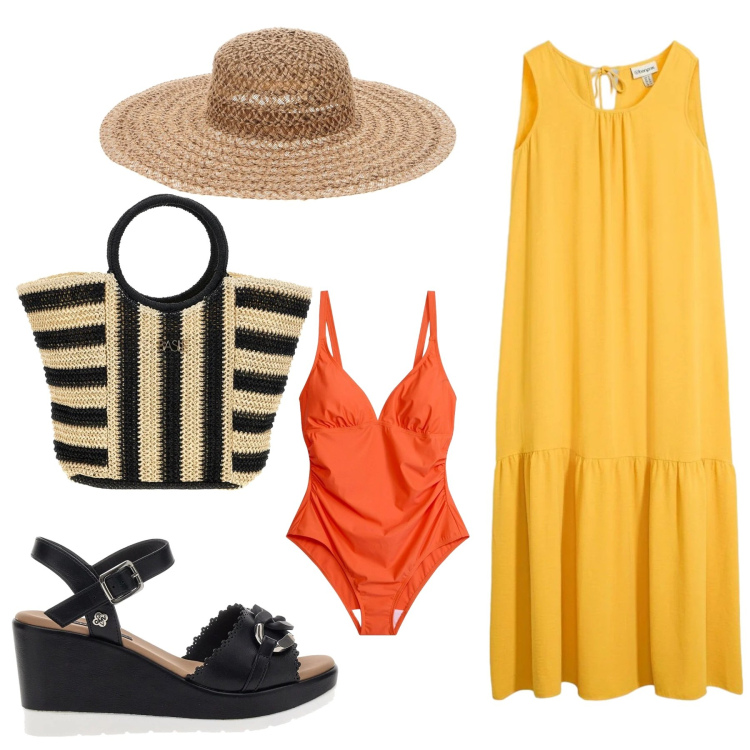 Outfit donna - Estate. Stile Casual per Mare. Abbinamento con costumi interi, vestiti lunghi, borse a mano, sandali, cappelli.