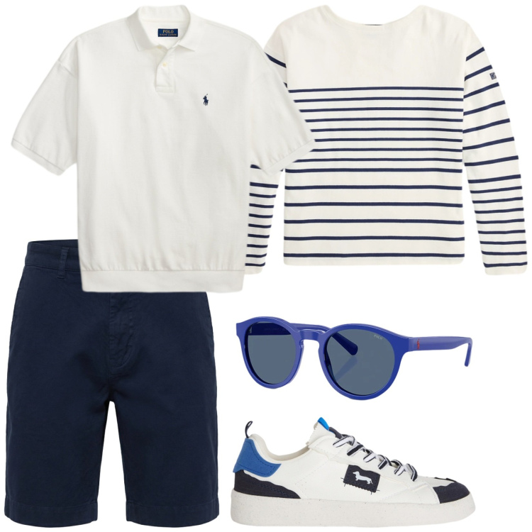 Outfit uomo - Eleganza estiva. Stile Trendy per Serata speciale. Abbinamento con sneakers, bermuda, occhiali da sole, polo, pullovers.