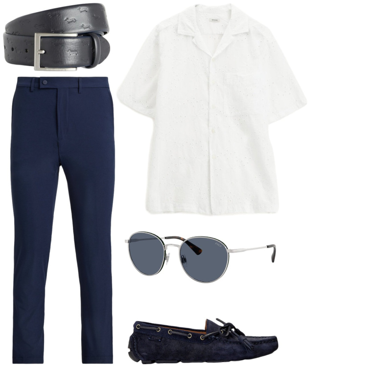 Outfit uomo - Fresco, elegante. Stile Trendy per Serata speciale. Abbinamento con camicie a manica corta, cinture, scarpe stringate, pantaloni, occhiali da sole.