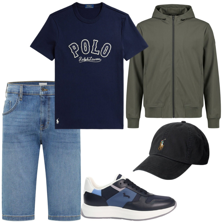 Outfit uomo - Gita in montagna. Stile Casual per Tutti i giorni. Abbinamento con bermuda, sneakers, giacche, cappelli, t-shirt.