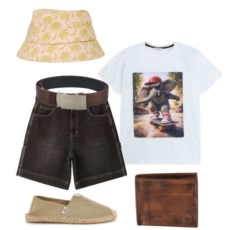 Outfit uomo - Disinvolto per le vie del cey. Stile Casual per Tutti i giorni. Abbinamento con cappelli con visiera, bermuda, t-shirt, portafogli, espadrillas, cinture.